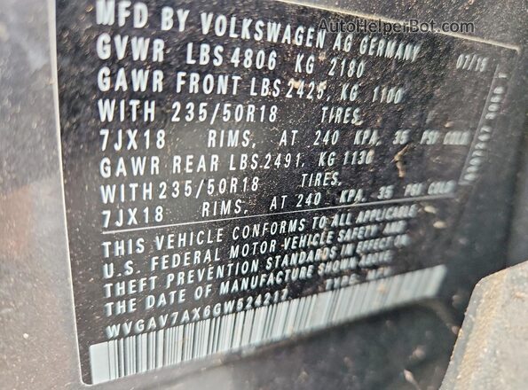 WVGAV7AX6GW524217 2016 VOLKSWAGEN TIGUAN Серый Вид наклейки с VIN-кодом