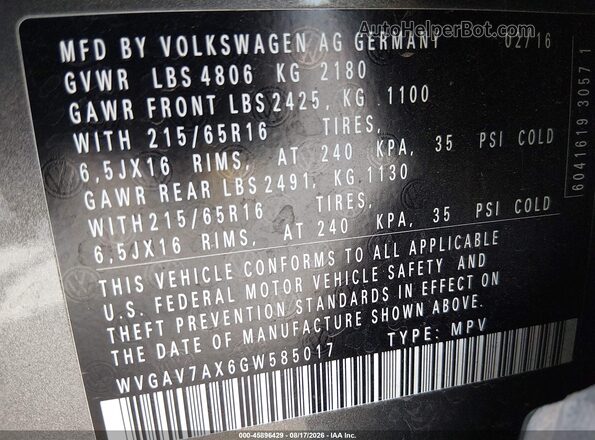 WVGAV7AX6GW585017 2016 VOLKSWAGEN TIGUAN Gray Widok komory silnika
