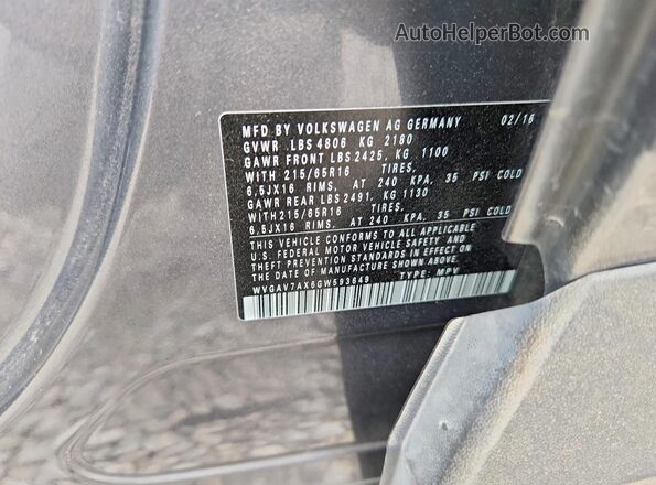 WVGAV7AX6GW593649 2016 VOLKSWAGEN TIGUAN Серый Вид подкапотного пространства