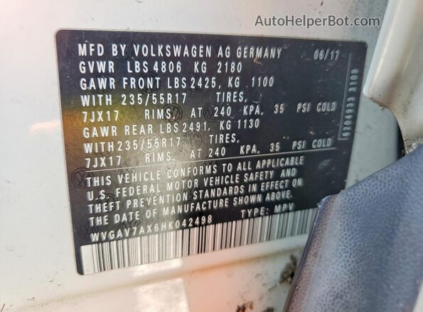 WVGAV7AX6HK042498 2017 VOLKSWAGEN TIGUAN Белый Панорамный вид салона 360°