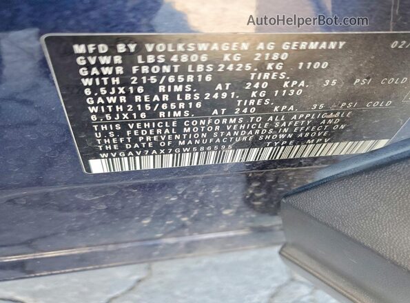 WVGAV7AX7GW586595 2016 VOLKSWAGEN TIGUAN Blue Widok naklejki z numerem VIN