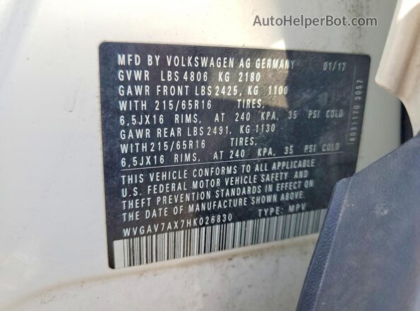 WVGAV7AX7HK026830 2017 VOLKSWAGEN TIGUAN White Вид наклейки з VIN-кодом