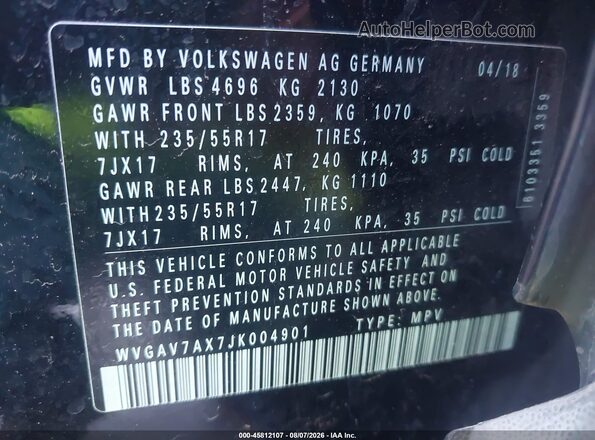 WVGAV7AX7JK004901 2018 VOLKSWAGEN TIGUAN Black ძრავის განყოფილების ხედი