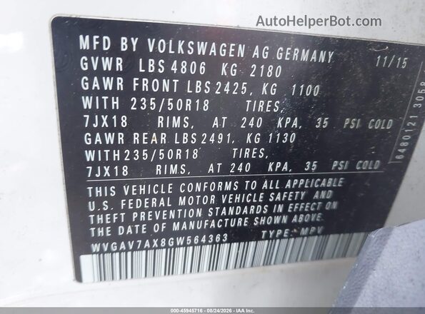 WVGAV7AX8GW564363 2016 VOLKSWAGEN TIGUAN White Vista del compartimento del motor