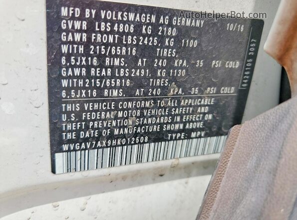 WVGAV7AX9HK012508 2017 VOLKSWAGEN TIGUAN White Вид наклейки з VIN-кодом