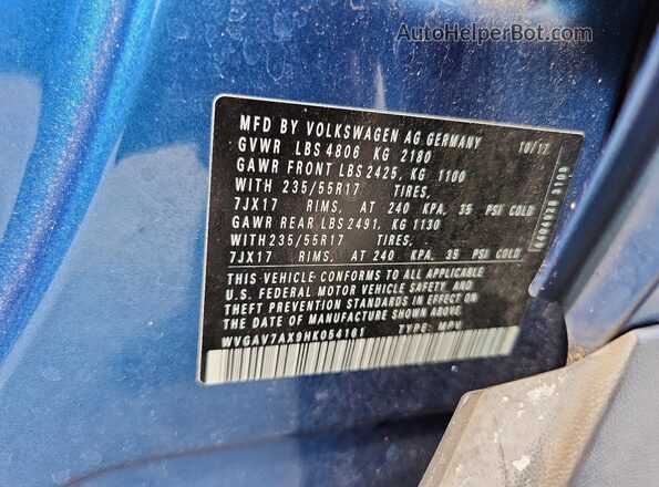WVGAV7AX9HK054161 2017 VOLKSWAGEN TIGUAN Blue Widok naklejki z numerem VIN