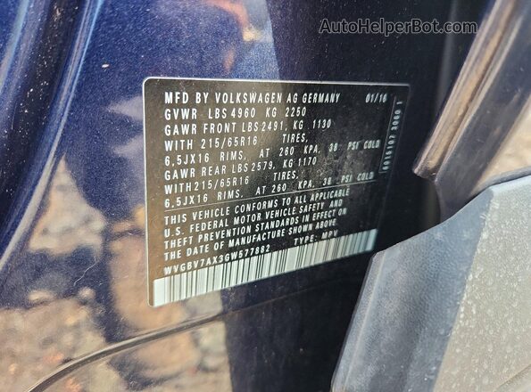 WVGBV7AX3GW577882 2016 VOLKSWAGEN TIGUAN Blue VIN sticker view