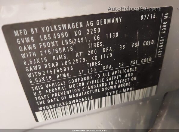 WVGBV7AX8GW025326 2016 VOLKSWAGEN TIGUAN Серебряный Вид подкапотного пространства