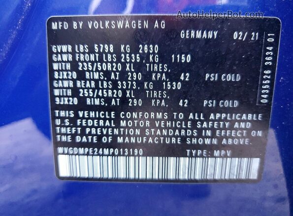 WVGDMPE24MP013190 2021 VOLKSWAGEN ID.4 Blue Widok wnętrza 360 stopni