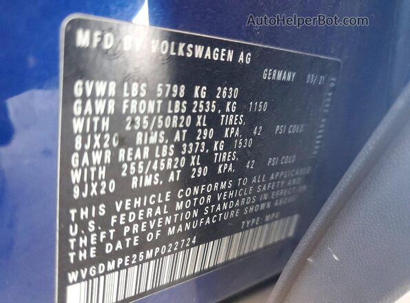 WVGDMPE25MP022724 2021 VOLKSWAGEN ID.4 Blue VIN კოდის სტიკერის ხედი