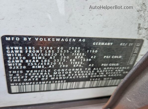 WVGDMPE29MP019082 2021 VOLKSWAGEN ID.4 White VIN კოდის სტიკერის ხედი