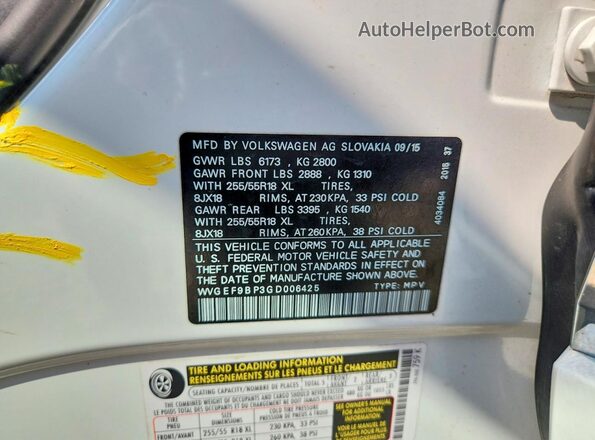 WVGEF9BP3GD006425 2016 VOLKSWAGEN TOUAREG White 360 interior view