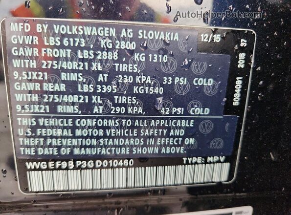 WVGEF9BP3GD010460 2016 VOLKSWAGEN TOUAREG Blue Вид наклейки з VIN-кодом