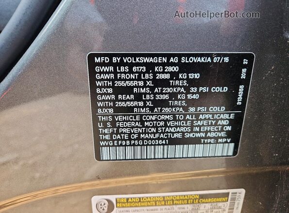 WVGEF9BP5GD003641 2016 VOLKSWAGEN TOUAREG Gray Vista de la etiqueta del VIN