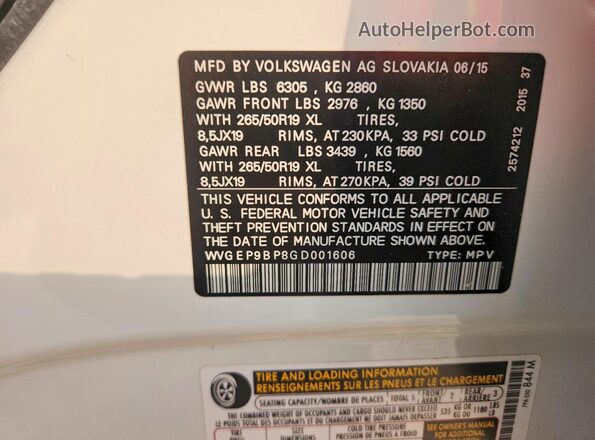 WVGEP9BP8GD001606 2016 VOLKSWAGEN TOUAREG Белый Вид наклейки с VIN-кодом
