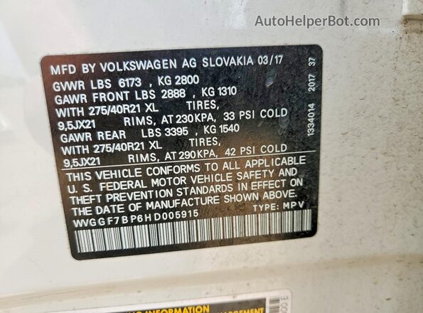 WVGGF7BP6HD005915 2017 VOLKSWAGEN TOUAREG White Widok naklejki z numerem VIN