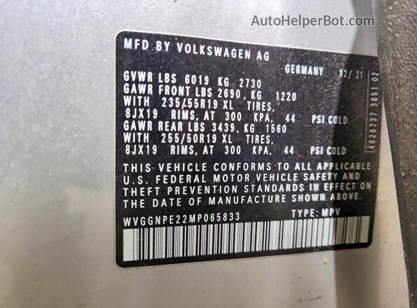 WVGGNPE22MP065833 2021 VOLKSWAGEN ID.4 Gray VIN კოდის სტიკერის ხედი