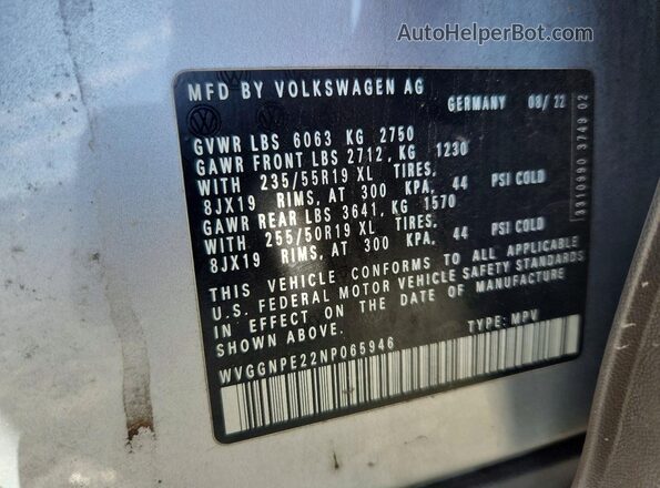 WVGGNPE22NP065946 2022 VOLKSWAGEN ID.4 Silver Vista de la etiqueta del VIN
