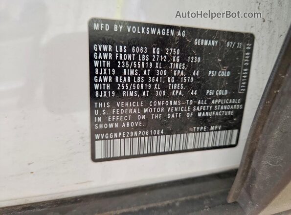 WVGGNPE29NP061084 2022 VOLKSWAGEN ID.4 White Vista de la etiqueta del VIN
