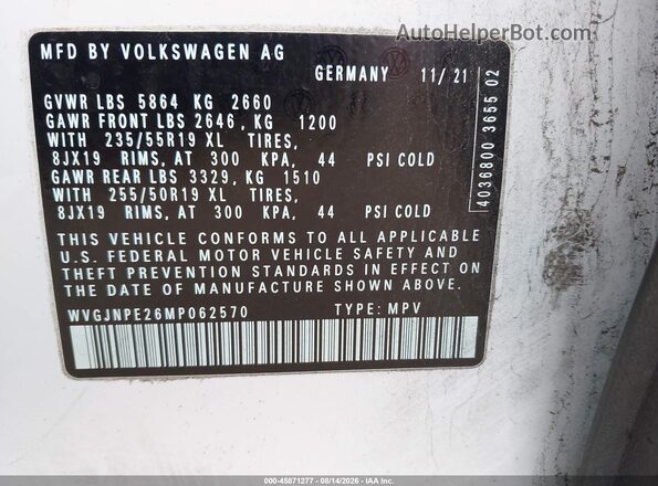 WVGJNPE26MP062570 2021 VOLKSWAGEN ID.4 White Vista del compartimento del motor