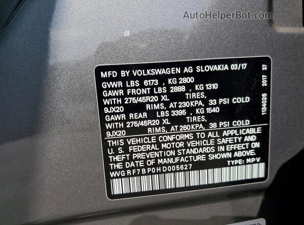 WVGRF7BP0HD005627 2017 VOLKSWAGEN TOUAREG Серый Вид наклейки с VIN-кодом