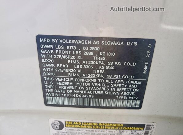 WVGRF7BP4HD004299 2017 VOLKSWAGEN TOUAREG White VIN կոդի պիտակի տեսք