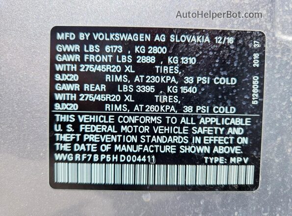 WVGRF7BP5HD004411 2017 VOLKSWAGEN TOUAREG Silver VIN კოდის სტიკერის ხედი