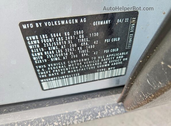WVGRMPE24NP041238 2022 VOLKSWAGEN ID.4 Silver VIN კოდის სტიკერის ხედი