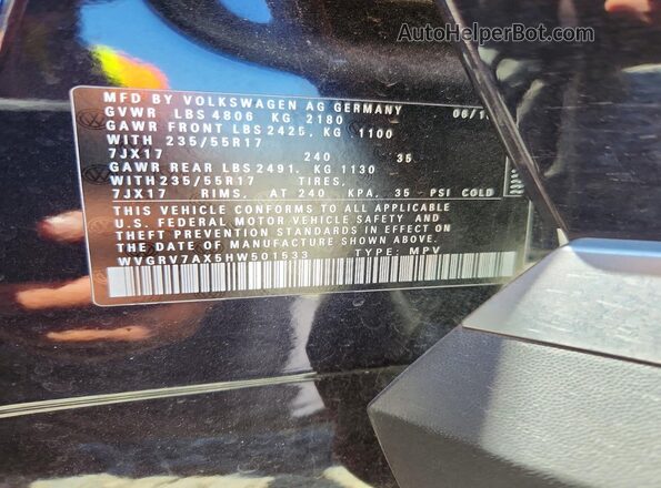 WVGRV7AX5HW501533 2017 VOLKSWAGEN TIGUAN Черный Вид наклейки с VIN-кодом