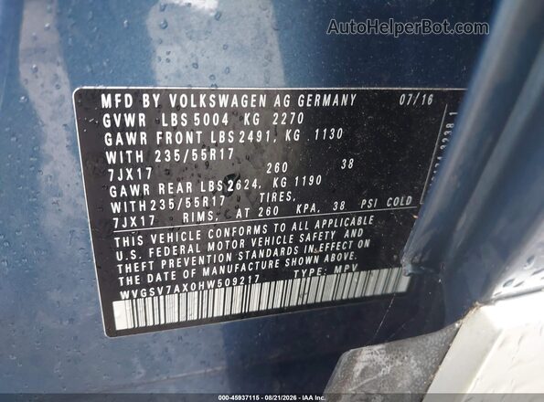 WVGSV7AX0HW509217 2017 VOLKSWAGEN TIGUAN Blue Vista del compartimento del motor
