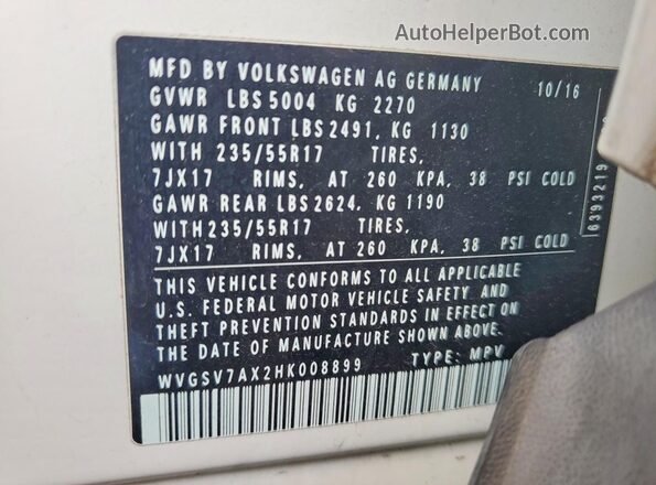 WVGSV7AX2HK008899 2017 VOLKSWAGEN TIGUAN White Вид наклейки з VIN-кодом
