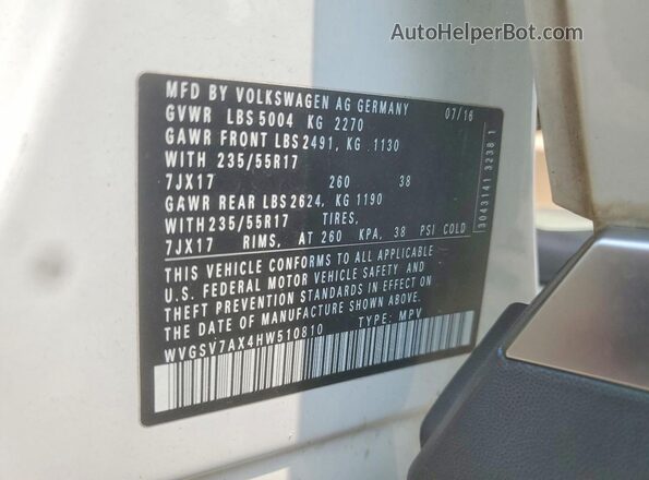 WVGSV7AX4HW510810 2017 VOLKSWAGEN TIGUAN White VIN კოდის სტიკერის ხედი