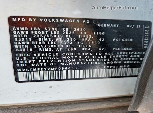 WVGTMPE22MP056633 2021 VOLKSWAGEN ID.4 White VIN կոդի պիտակի տեսք