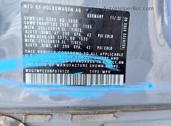 WVGTMPE26NP074120 2022 VOLKSWAGEN ID.4 Silver Widok naklejki z numerem VIN