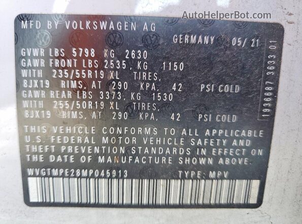 WVGTMPE28MP045913 2021 VOLKSWAGEN ID.4 White Vista de la etiqueta del VIN