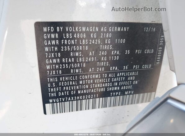 WVGTV7AX3HK020211 2017 VOLKSWAGEN TIGUAN White Вид підкапотного простору