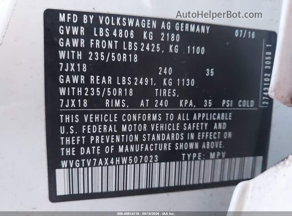 WVGTV7AX4HW507023 2017 VOLKSWAGEN TIGUAN White ძრავის განყოფილების ხედი