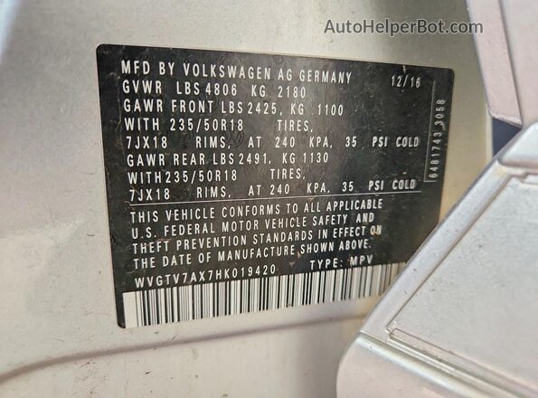 WVGTV7AX7HK019420 2017 VOLKSWAGEN TIGUAN Silver VIN კოდის სტიკერის ხედი