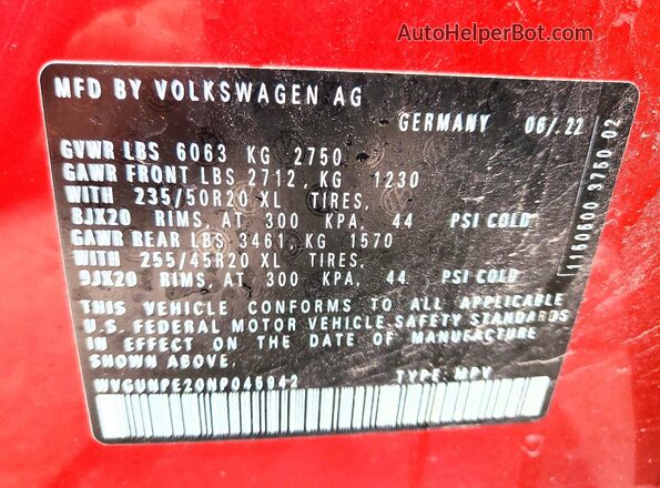 WVGUNPE20NP045942 2022 VOLKSWAGEN ID.4 Red Vista interior de 360 grados