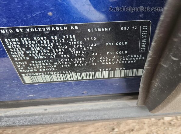 WVGUNPE21NP070042 2022 VOLKSWAGEN ID.4 Blue Вид наклейки з VIN-кодом