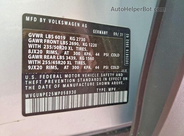 WVGUNPE25MP058930 2021 VOLKSWAGEN ID.4 Silver VIN sticker view