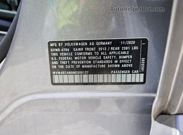 WVWAR7AN9ME005137 2021 VOLKSWAGEN ARTEON Silver Вид наклейки з VIN-кодом