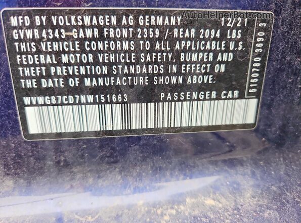 WVWG87CD7NW151663 2022 VOLKSWAGEN GTI Purple VIN კოდის სტიკერის ხედი