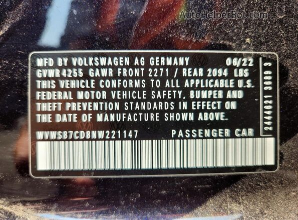 WVWS87CD8NW221147 2022 VOLKSWAGEN GTI Black VIN sticker view