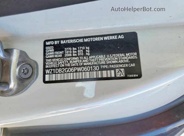 WZ1DB2G06PW060130 2023 TOYOTA GR White Vista de la etiqueta del VIN