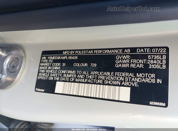 YSMED3KA6PL115426 2023 POLESTAR 2 Белый Вид подкапотного пространства