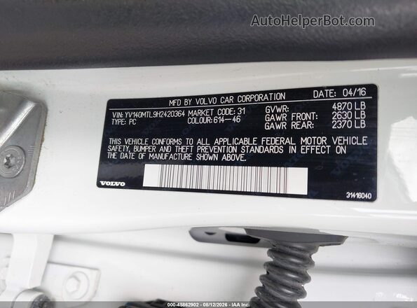 YV140MTL9H2420364 2017 VOLVO S60 White Vista del compartimento del motor