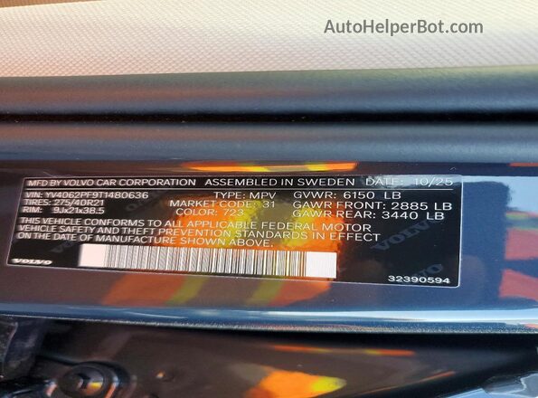 YV4062PF9T1480636 2026 VOLVO XC90 Blue Vista interior de 360 grados
