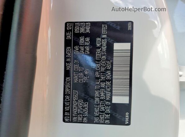 YV4062PN2P1956237 2023 VOLVO XC90 White Вид наклейки з VIN-кодом