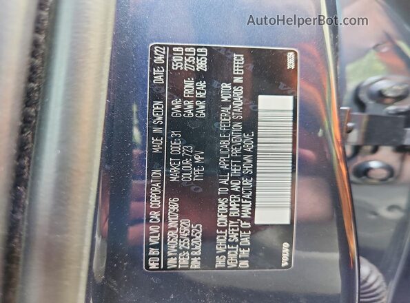 YV4062RLXN1079876 2022 VOLVO XC60 Blue VIN კოდის სტიკერის ხედი